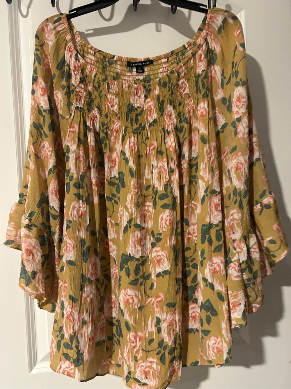 Zac & Rachel Mustard Floral Smocked-Neck Peasant Tunic